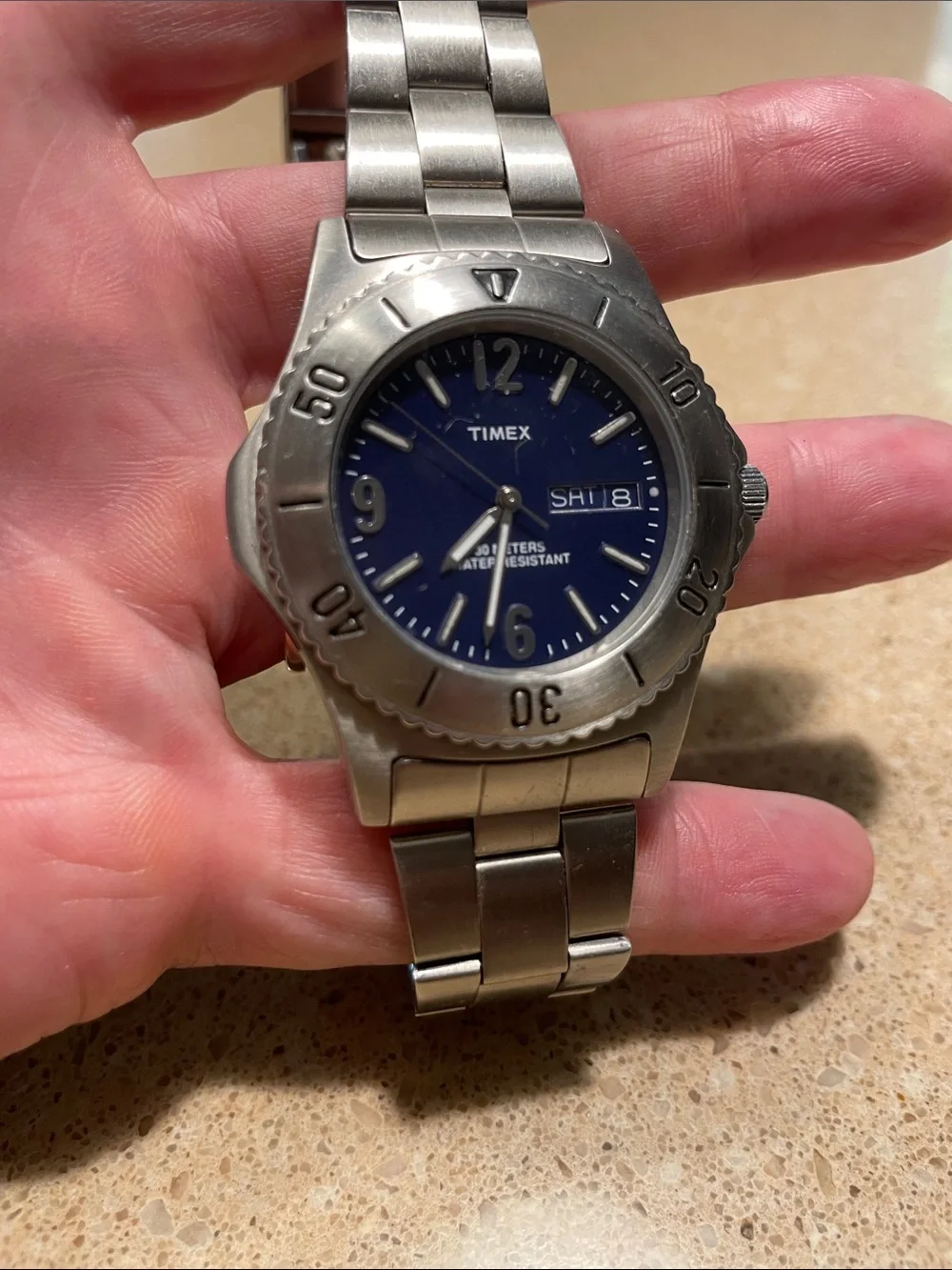 Timex Silver-Tone Watch with Blue Dial and Rotating Bezel